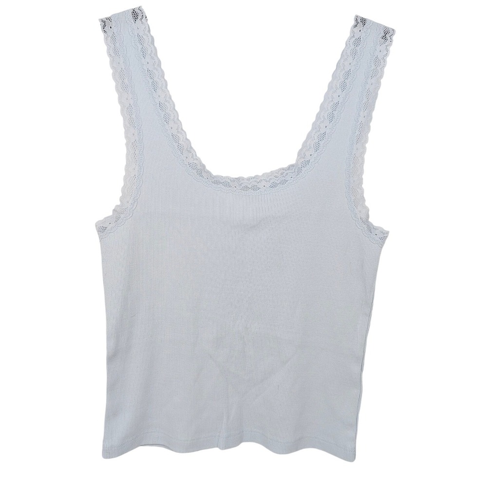 Y2K Tank Top Womens Medium Blue‎ Lace Trim Ribbed Scoop Neck Sleeveless Pastel